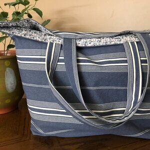 Handmade Women's Denim Striped Tote Bag, Market Tote Bag, Beach Bag with pocket